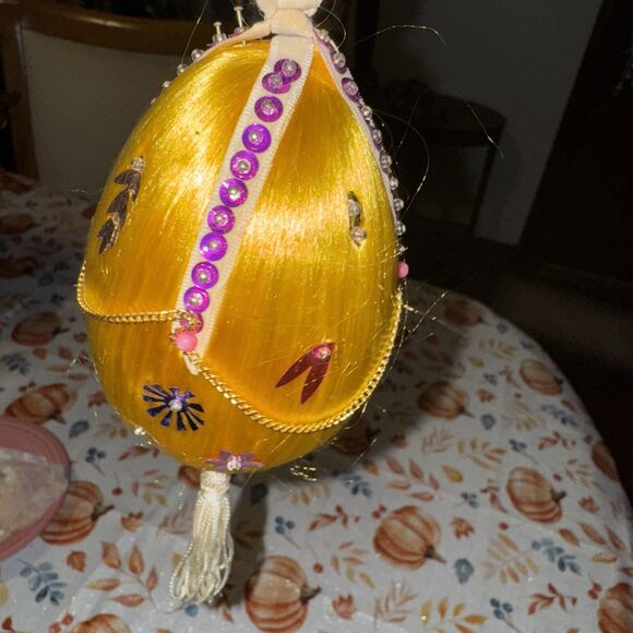 Vintage Satin Push Pin Sequin Bead Christmas Ornament Purple Yellow Gold - Picture 9 of 10